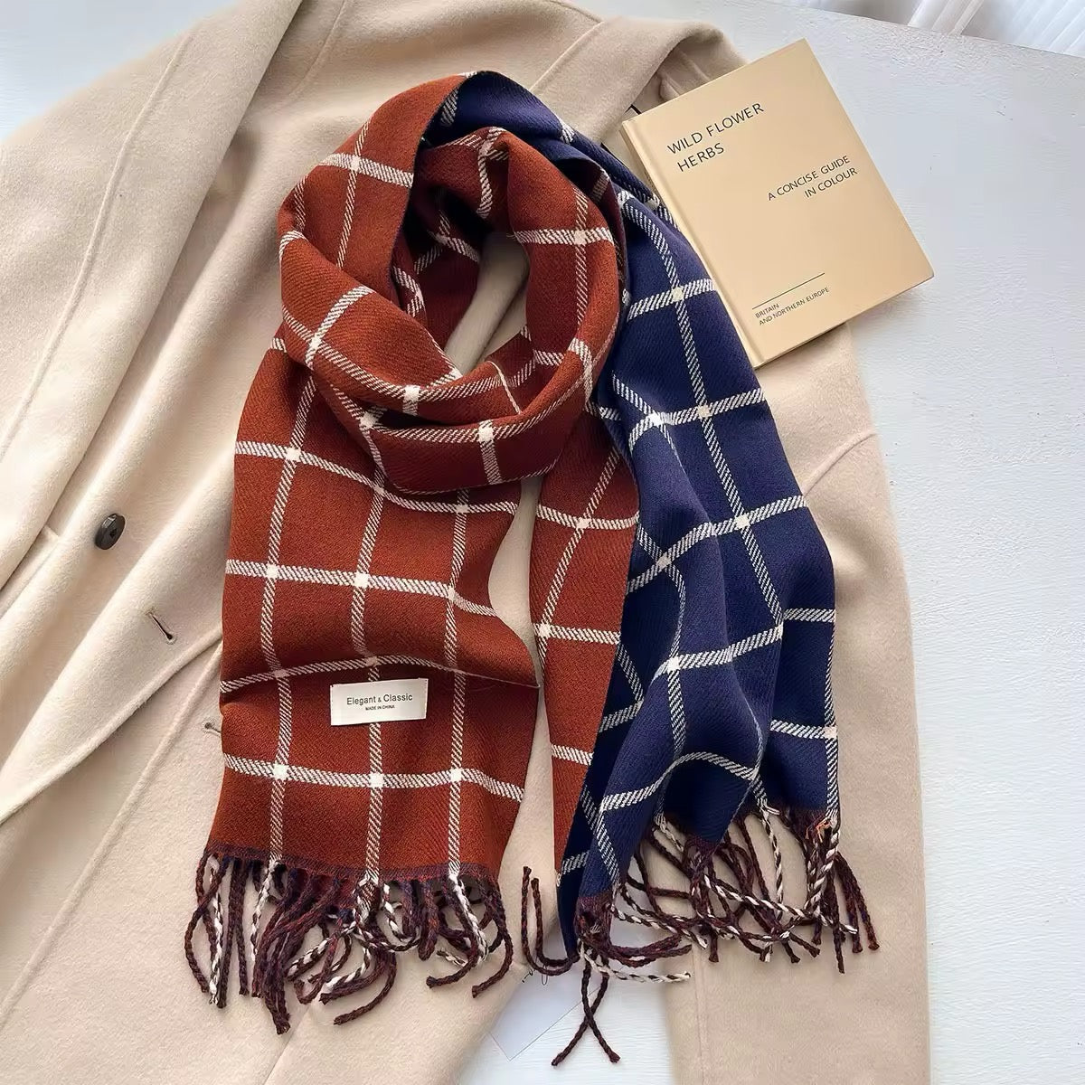 Men & Women Checked Pattern Cashmere Touch Scarf - Warm Fringe Shawl