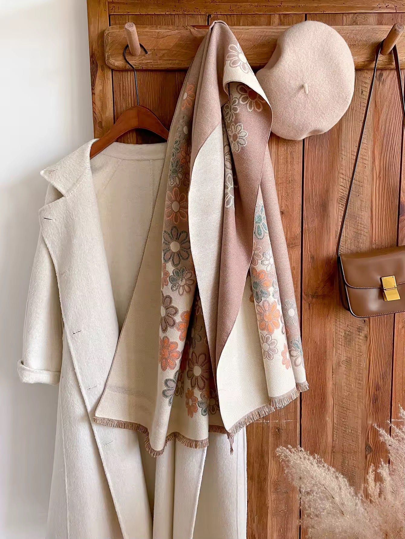 Luxury Women Floral Cashmere Touch Flower Scarf - Warm Fringe Shawl