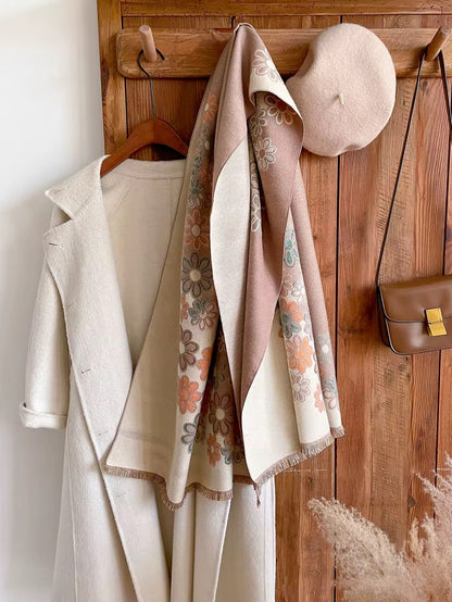 Luxury Women Floral Cashmere Touch Flower Scarf - Warm Fringe Shawl
