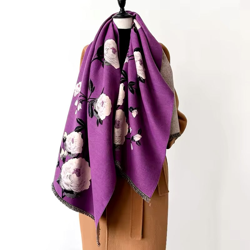 Luxury Women Floral Cashmere Touch Flower Scarf - Warm Fringe Shawl
