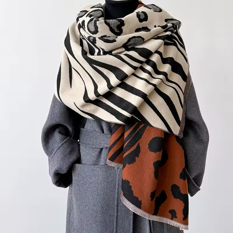 Tiger and Leopard Print Scarf Thickened Warm Cashmere Double Sided Shawl Women Allure