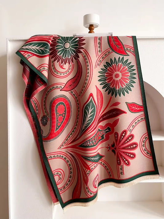 Luxury Women Floral Cashmere Touch Flower Scarf - Warm Fringe Shawl