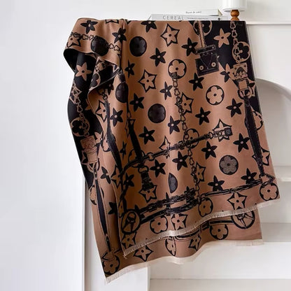 Luxury Women Floral Cashmere Touch Flower Scarf - Warm Fringe Shawl