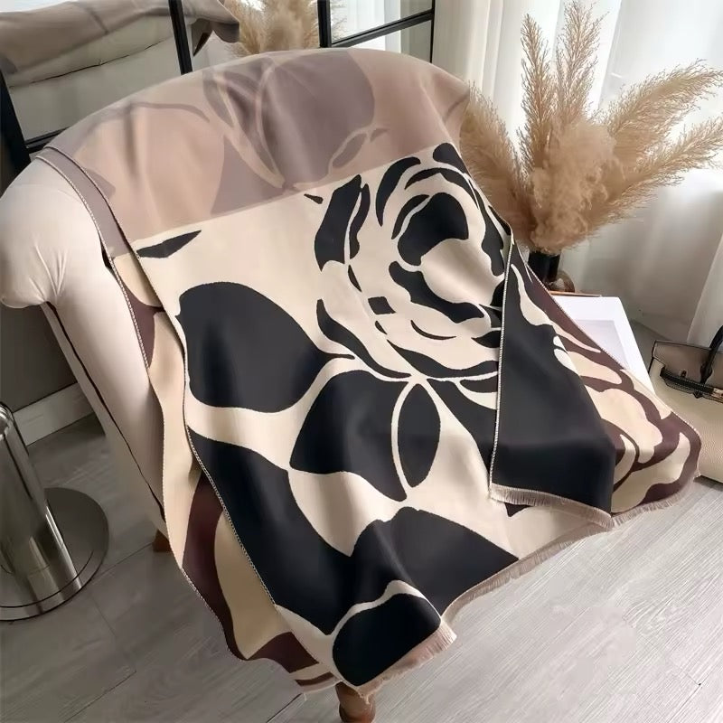 Luxury Women Floral Cashmere Touch Flower Scarf - Warm Fringe Shawl