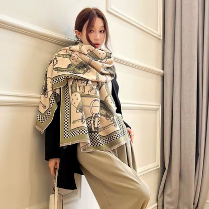 Luxury Women Limited Edition Horse Design Cashmere Touch Scarf - Warm Fringe Shawl