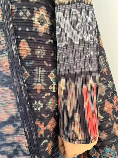 Women Split Abaya Vintage Printed Design Lapel Long Sleeved Open Front Cardigan Loose Big Collar