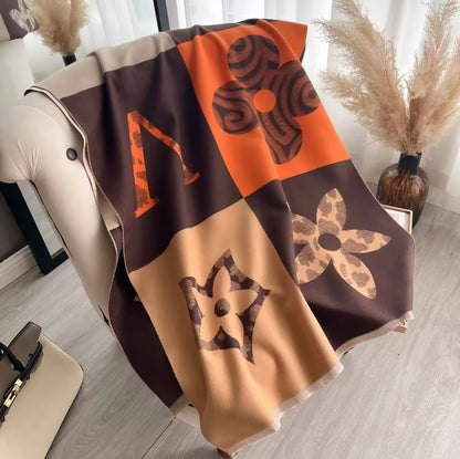 Luxury Women Floral Cashmere Touch Flower Scarf - Warm Fringe Shawl