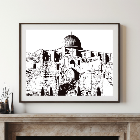 Hand Drawn Aqsa Mosque City Art on Cartridge Paper - No Frame (Size: A4 & A3)