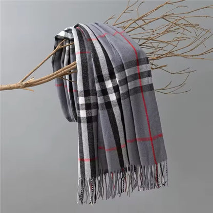 Men & Women Checked Pattern Cashmere Touch Scarf - Warm Fringe Shawl