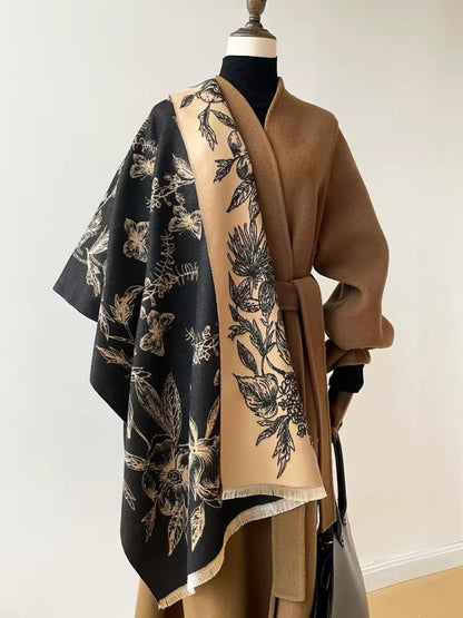 Luxury Women Floral Cashmere Touch Double Sided Flower Scarf - Warm Fringe Shawl