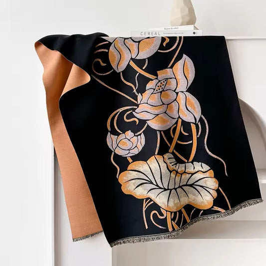 Luxury Women Floral Cashmere Touch Flower Scarf - Warm Fringe Shawl