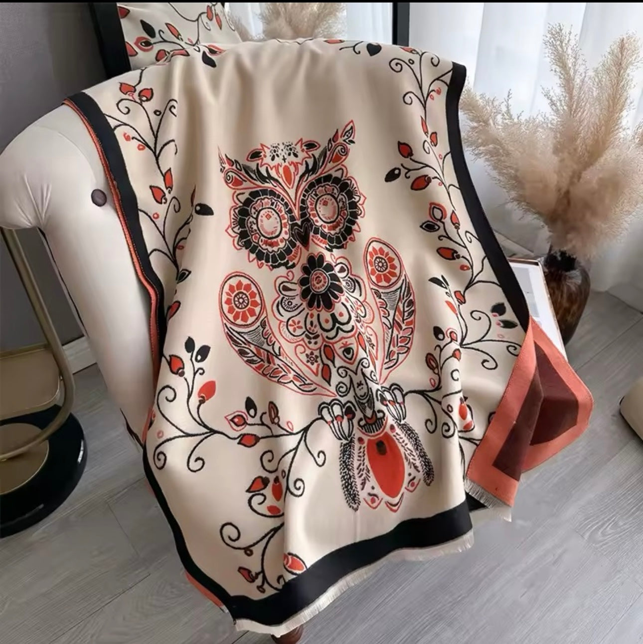 Luxury Women Floral Cashmere Touch Flower Scarf - Warm Fringe Shawl