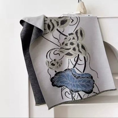 Luxury Women Floral Cashmere Touch Flower Scarf - Warm Fringe Shawl