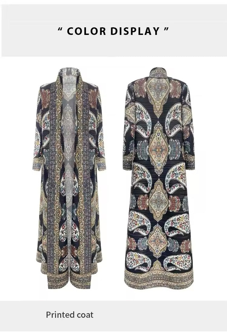 Women Split Abaya Vintage Printed Design Lapel Long Sleeved Open Front Cardigan Loose Big Collar