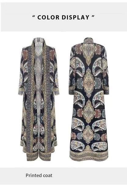 Women Split Abaya Vintage Printed Design Lapel Long Sleeved Open Front Cardigan Loose Big Collar