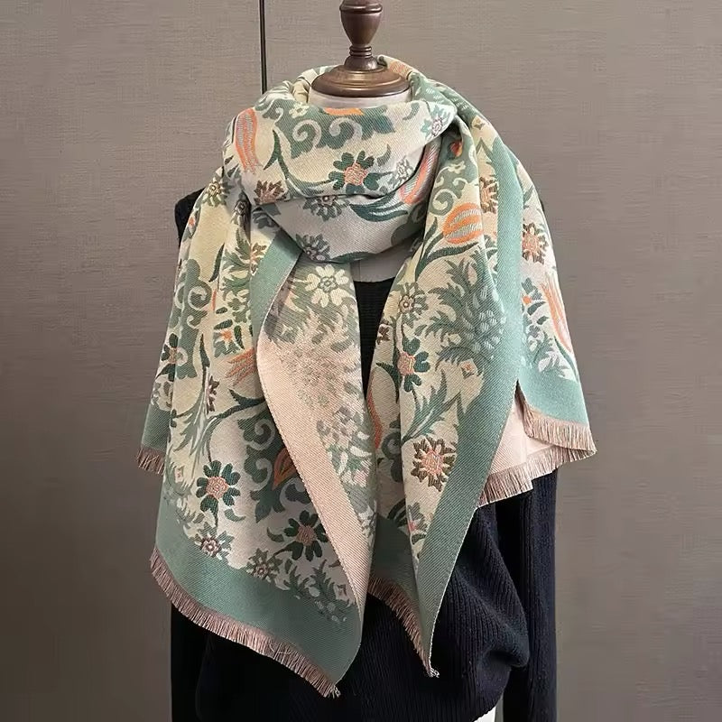 Luxury Women Classic Pashmina Double Sided Cashmere Touch Scarf - Warm Fringe Women Floral Shawl