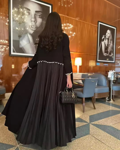 Pearl Women Split Abaya Cardigan Pleated Long Dress Kaftan Robe Open Front Jalabiya