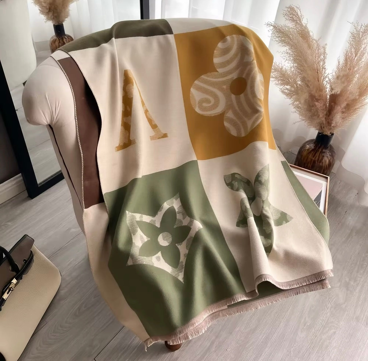 Luxury Women Floral Cashmere Touch Flower Scarf - Warm Fringe Shawl