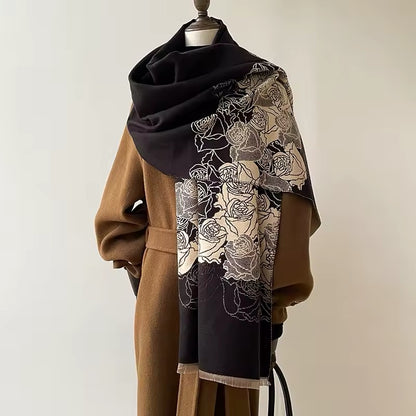 Luxury Women Floral Cashmere Touch Flower Scarf - Warm Fringe Shawl