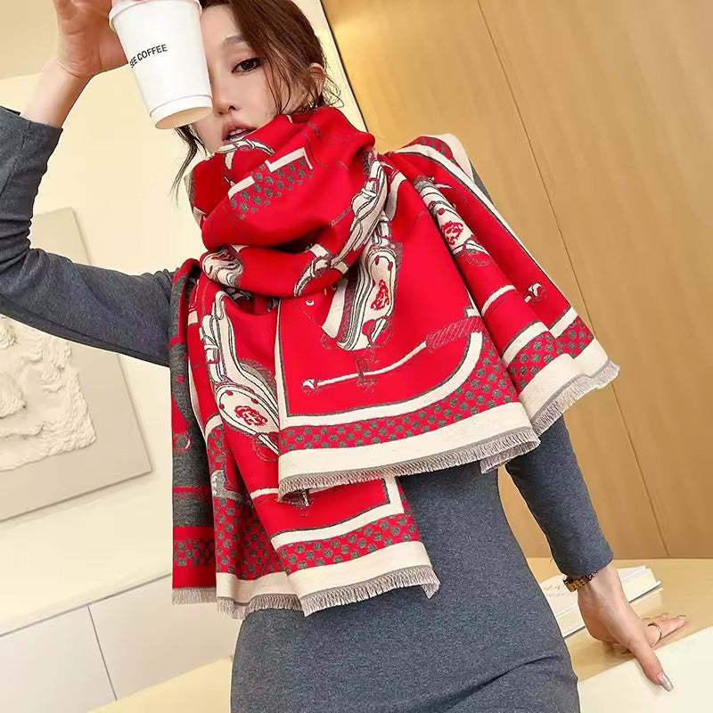 Luxury Women Limited Edition Horse Design Cashmere Touch Scarf - Warm Fringe Shawl