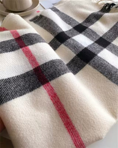 Men & Women Checked Pattern Cashmere Touch Scarf - Warm Fringe Shawl