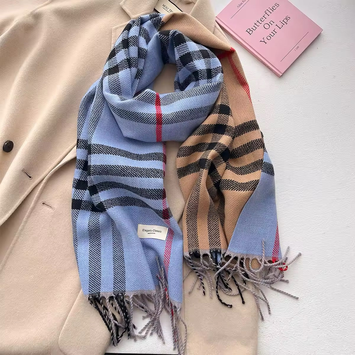 Men & Women Checked Pattern Cashmere Touch Scarf - Warm Fringe Shawl