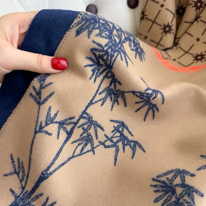 Luxury Women Floral Cashmere Touch Flower Scarf - Warm Fringe Shawl