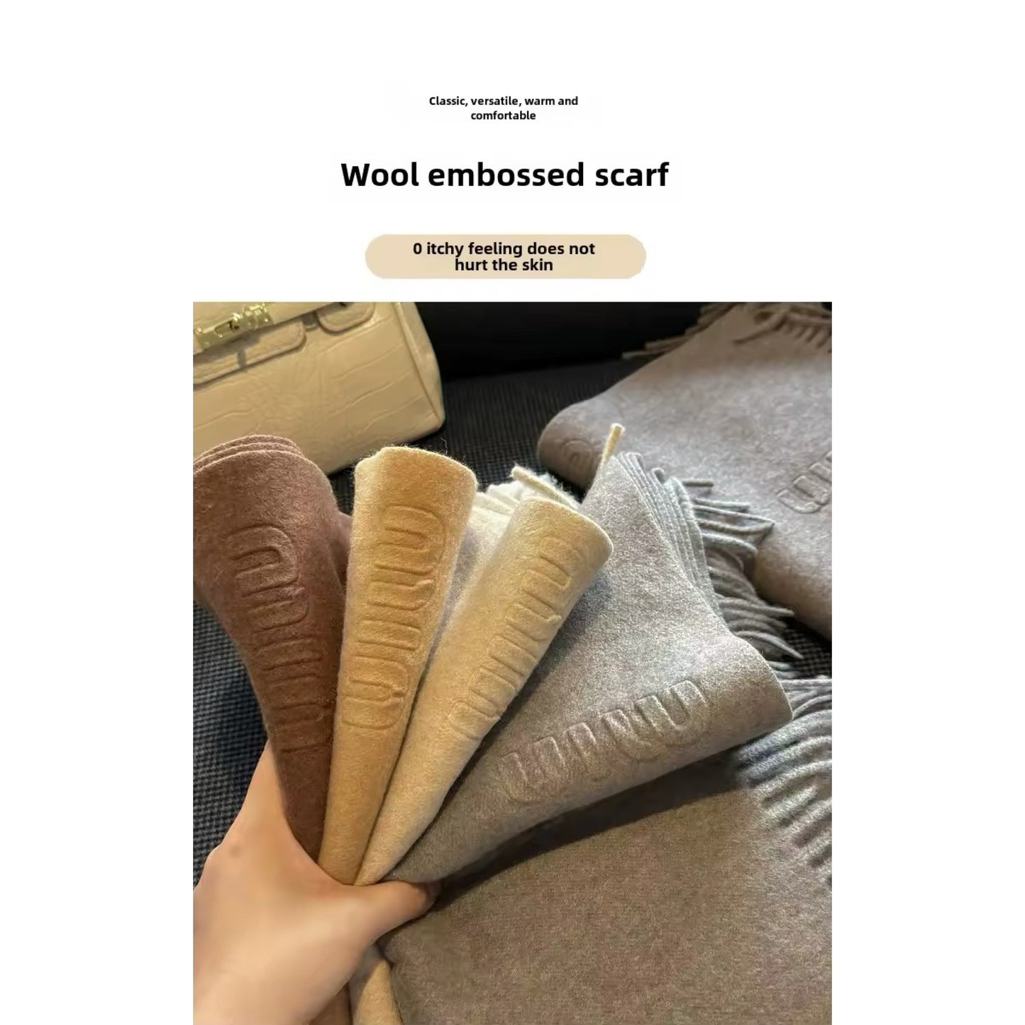 Women & Men Wool Scarf Embossed Simple Warm Muffler Cashmere Thick Fringed Shawl Women Woollen