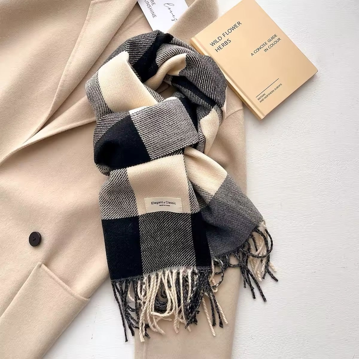 Men & Women Checked Pattern Cashmere Touch Scarf - Warm Fringe Shawl