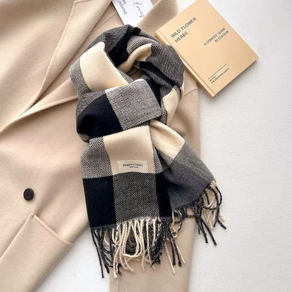 Men & Women Checked Pattern Cashmere Touch Scarf - Warm Fringe Shawl