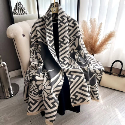 Luxury Women Floral Cashmere Touch Flower Scarf - Warm Fringe Shawl