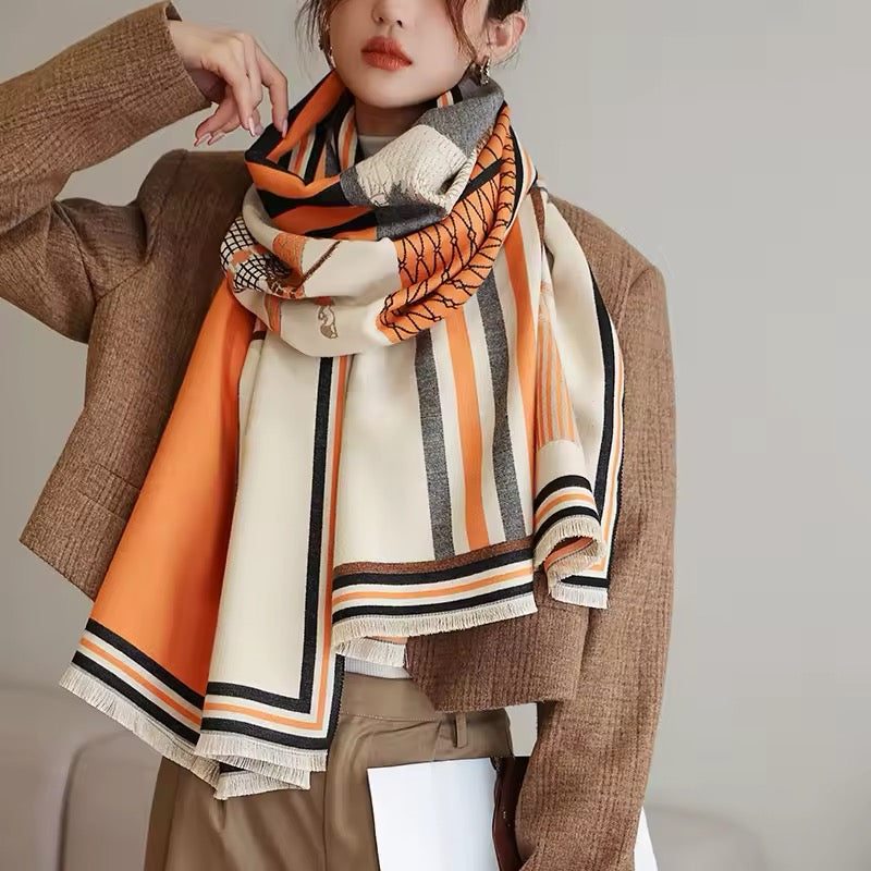 Luxury Women Limited Edition Horse Design Cashmere Touch Scarf - Warm Fringe Shawl
