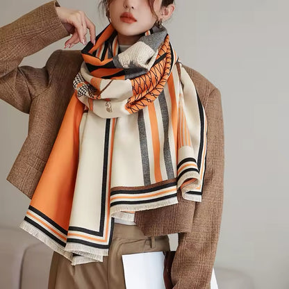 Luxury Women Limited Edition Horse Design Cashmere Touch Scarf - Warm Fringe Shawl