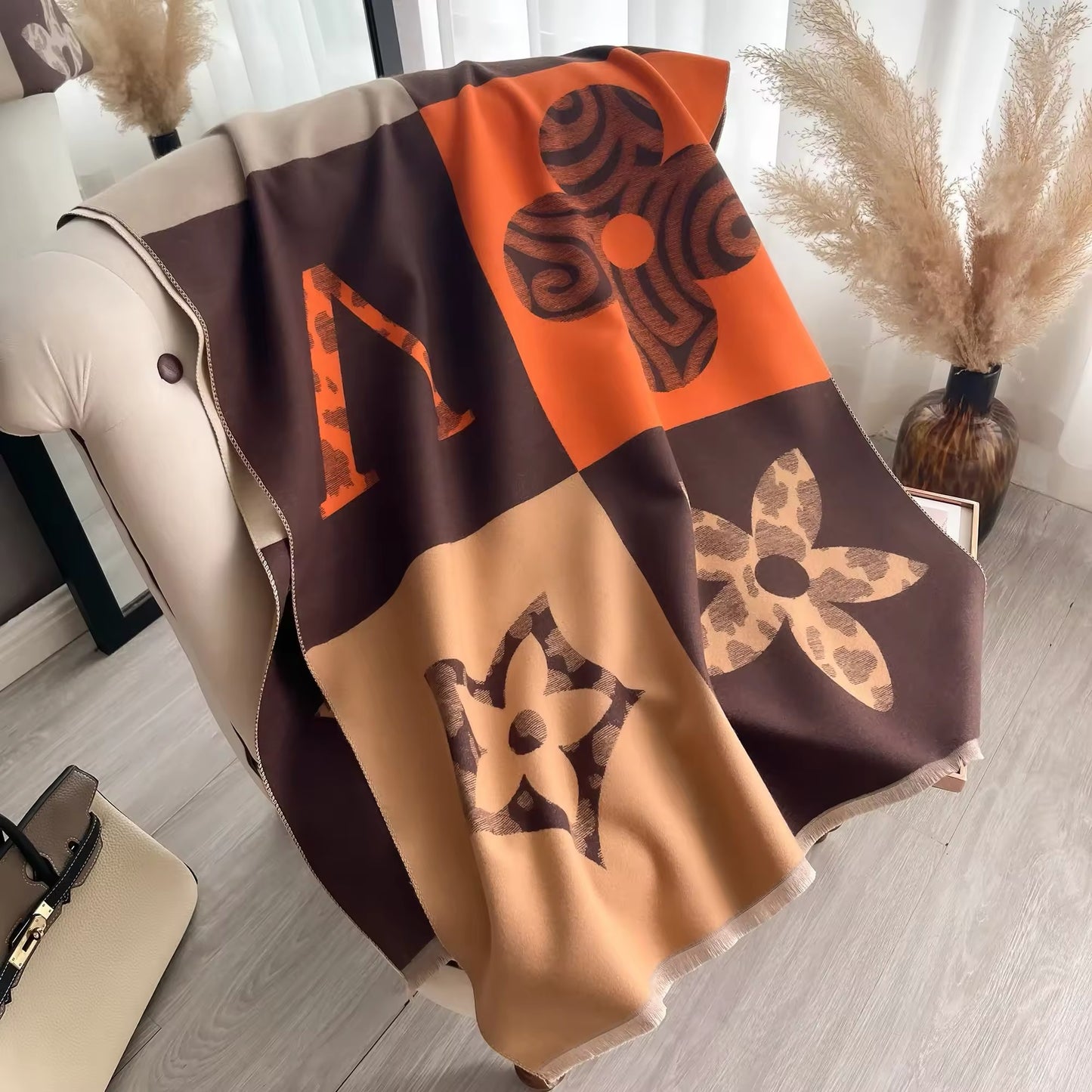 Luxury Women Floral Cashmere Touch Flower Scarf - Warm Fringe Shawl