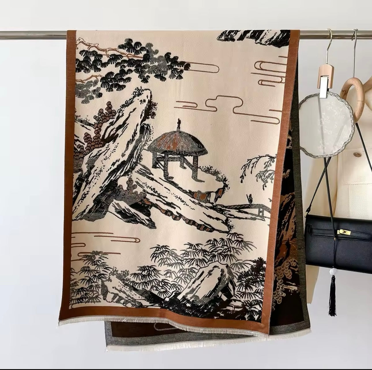 Luxury Women Floral Cashmere Touch Landscape Scarf - Warm Fringe Shawl