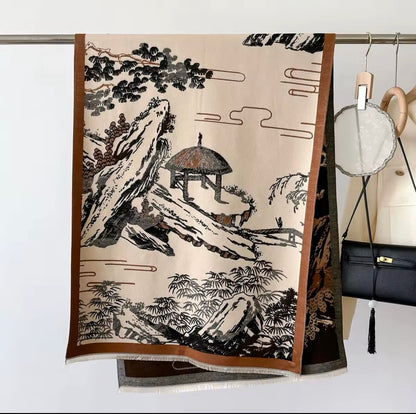 Luxury Women Floral Cashmere Touch Landscape Scarf - Warm Fringe Shawl