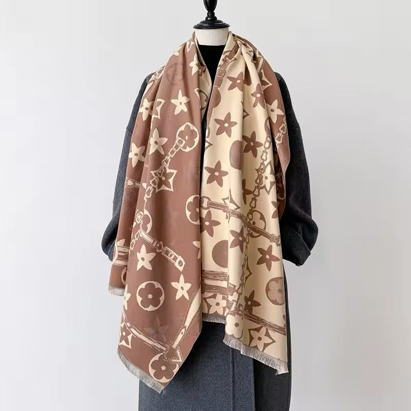 Luxury Women Floral Cashmere Touch Flower Scarf - Warm Fringe Shawl