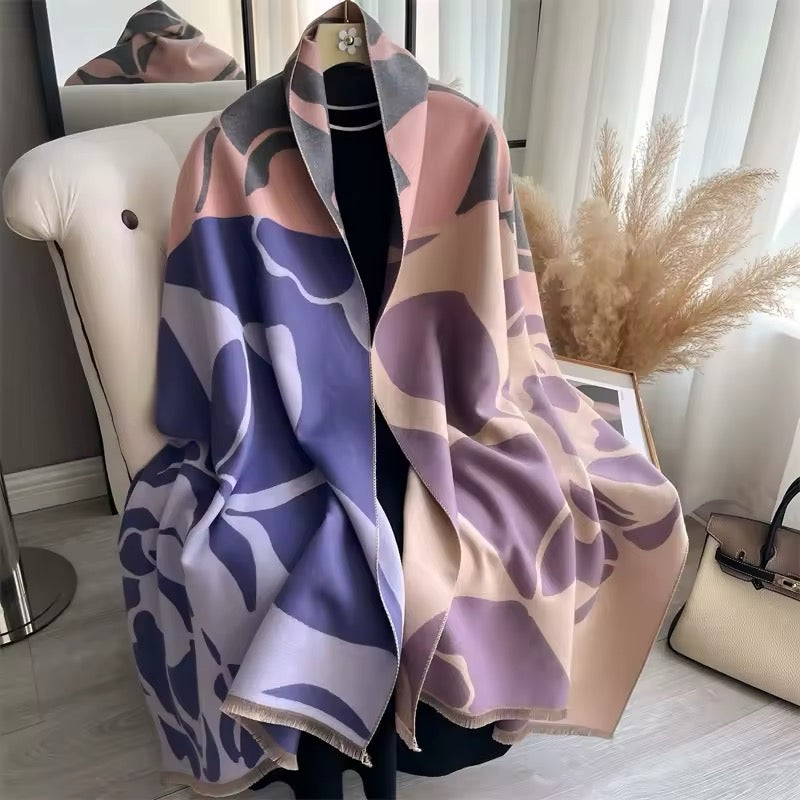 Luxury Women Floral Cashmere Touch Flower Scarf - Warm Fringe Shawl