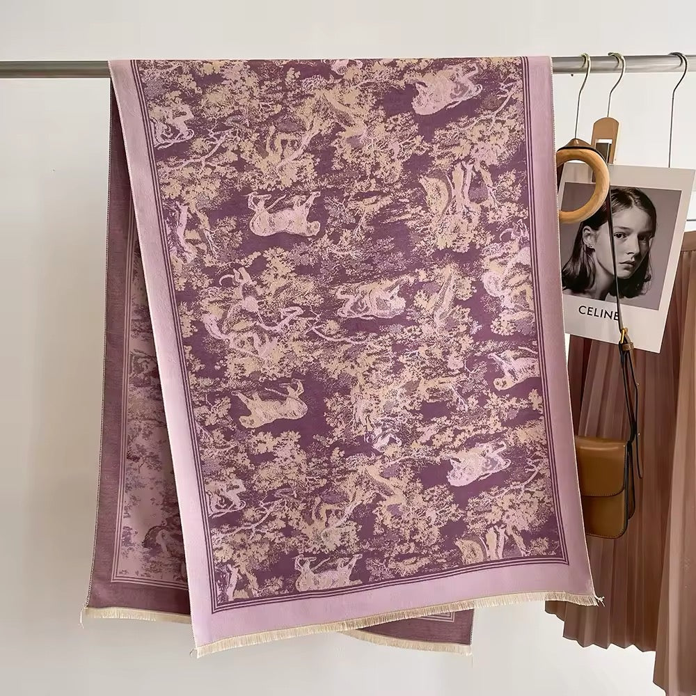 Luxury Women Floral Cashmere Touch Flower Scarf - Warm Fringe Shawl