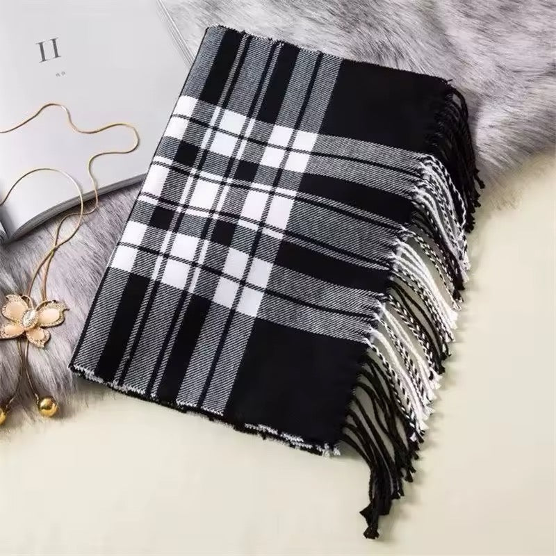 Men &  Women Checked Pattern Cashmere Touch Scarf - Warm Fringe Shawl
