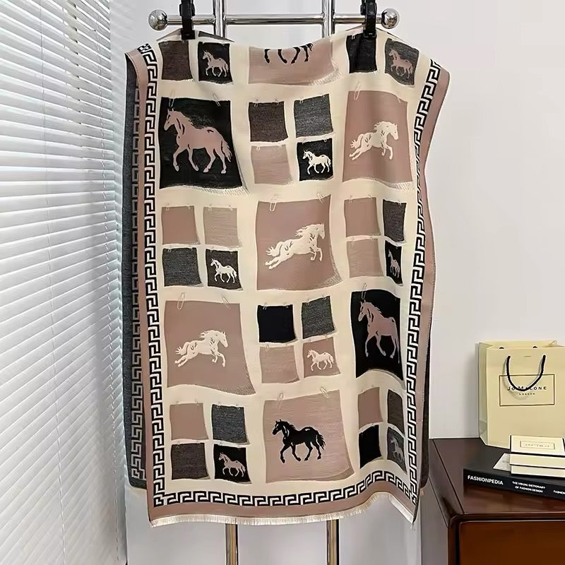 Luxury Women Limited Edition Horse Design Cashmere Touch Scarf - Warm Fringe Shawl