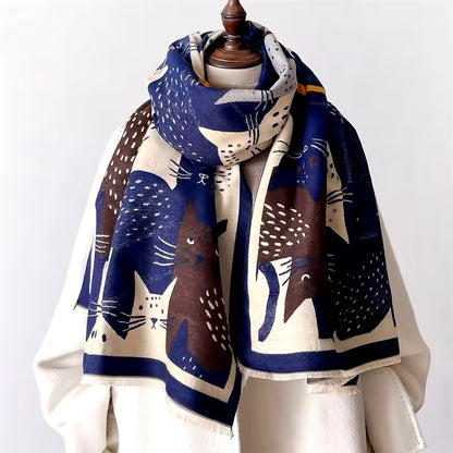Cat Print Scarf Thickened Warm Cashmere Double Sided Luxury Shawl Women Allure