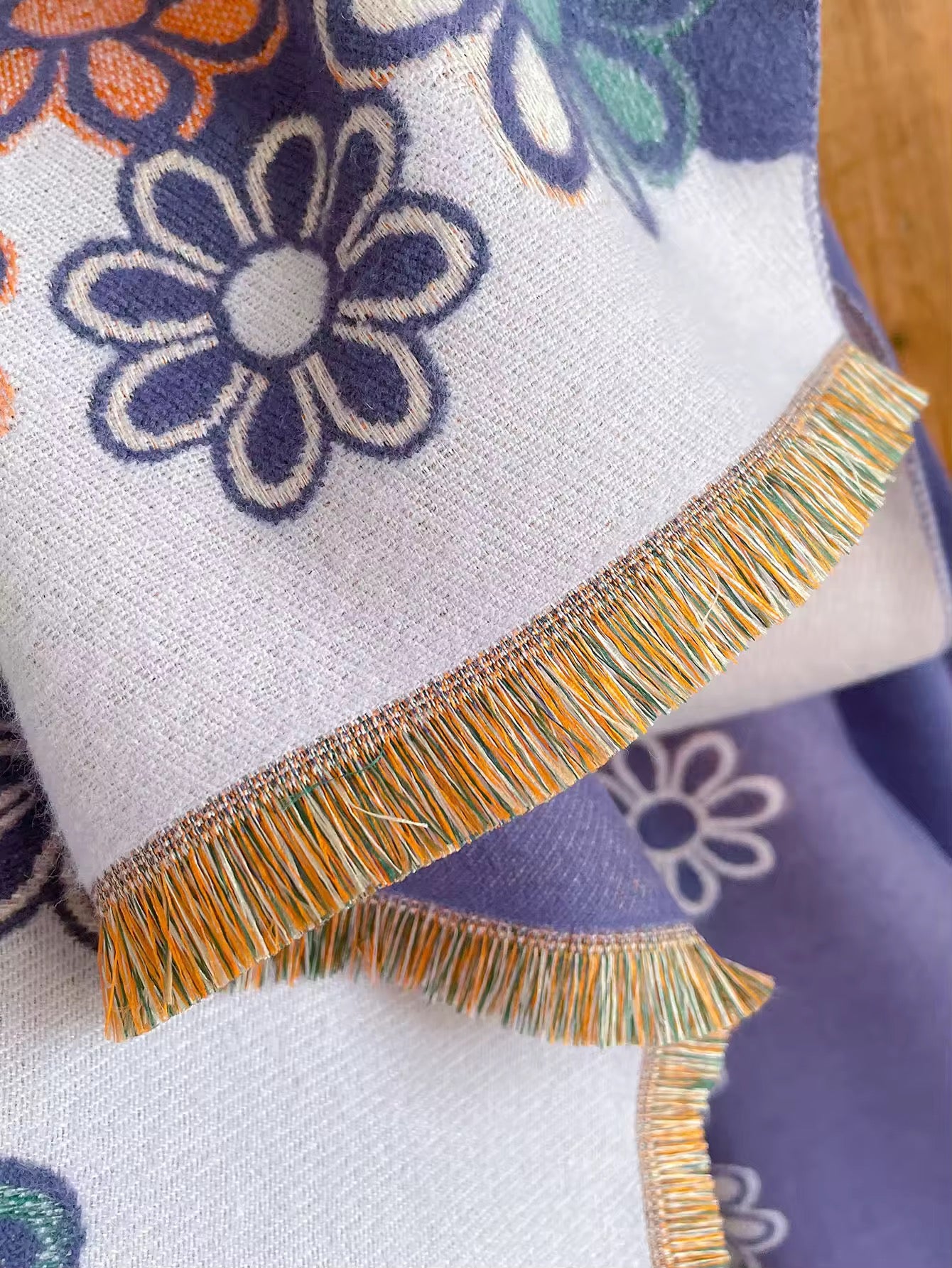 Luxury Women Floral Cashmere Touch Flower Scarf - Warm Fringe Shawl