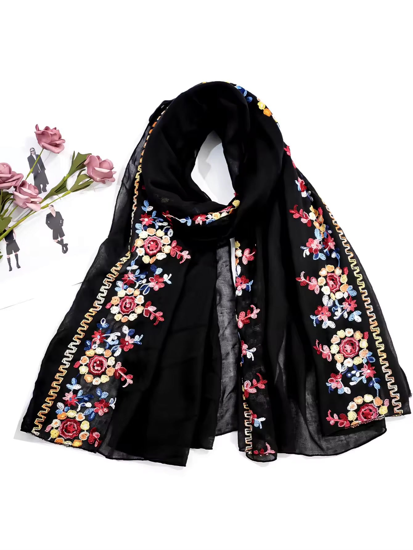 Women Embroidered Scarf Elegant and Versatile for Women Floral Shawl