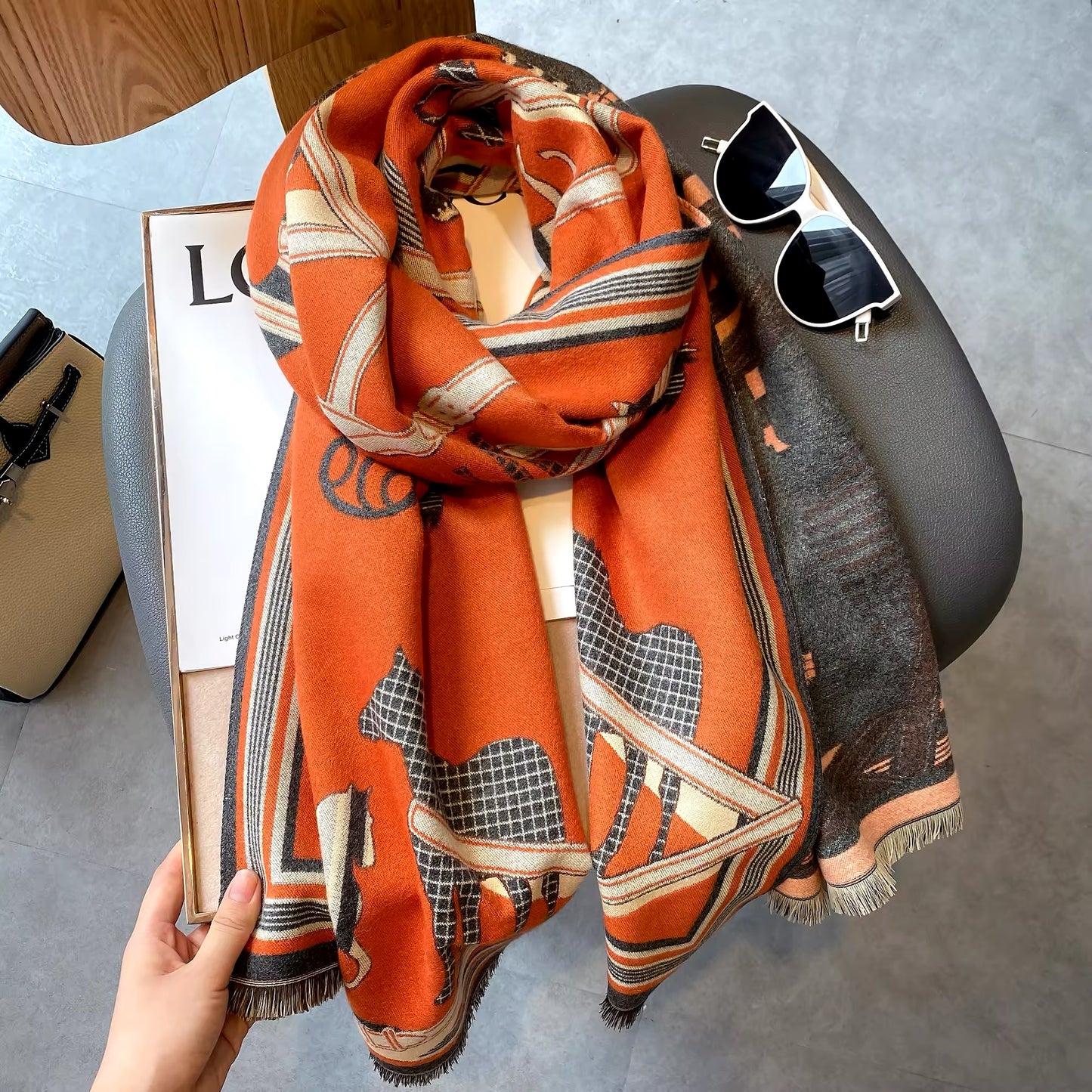 Luxury Women Limited Edition Horse Design Cashmere Touch Scarf - Warm Fringe Shawl