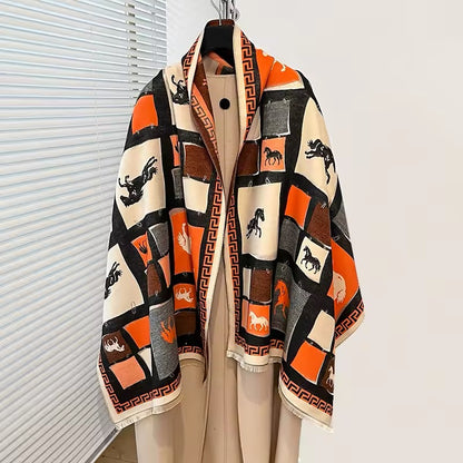 Luxury Women Limited Edition Horse Design Cashmere Touch Scarf - Warm Fringe Shawl