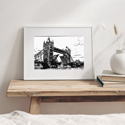 Hand Drawn Tower Bridge City Art on Cartridge Paper - No Frame (Size: A4 & A3)